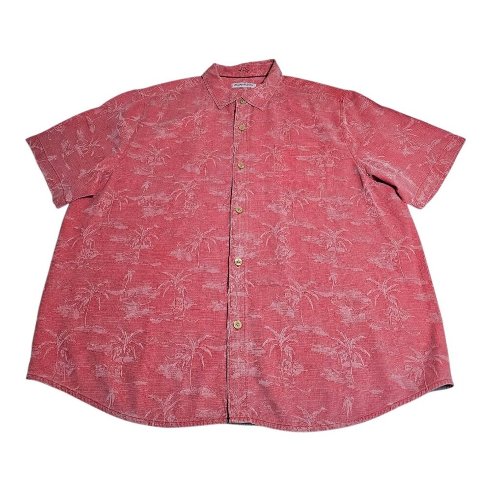 Tommy Bahama 100% Silk Short Sleeve Button Camp Shirt XXL Red Palms In Paradise
